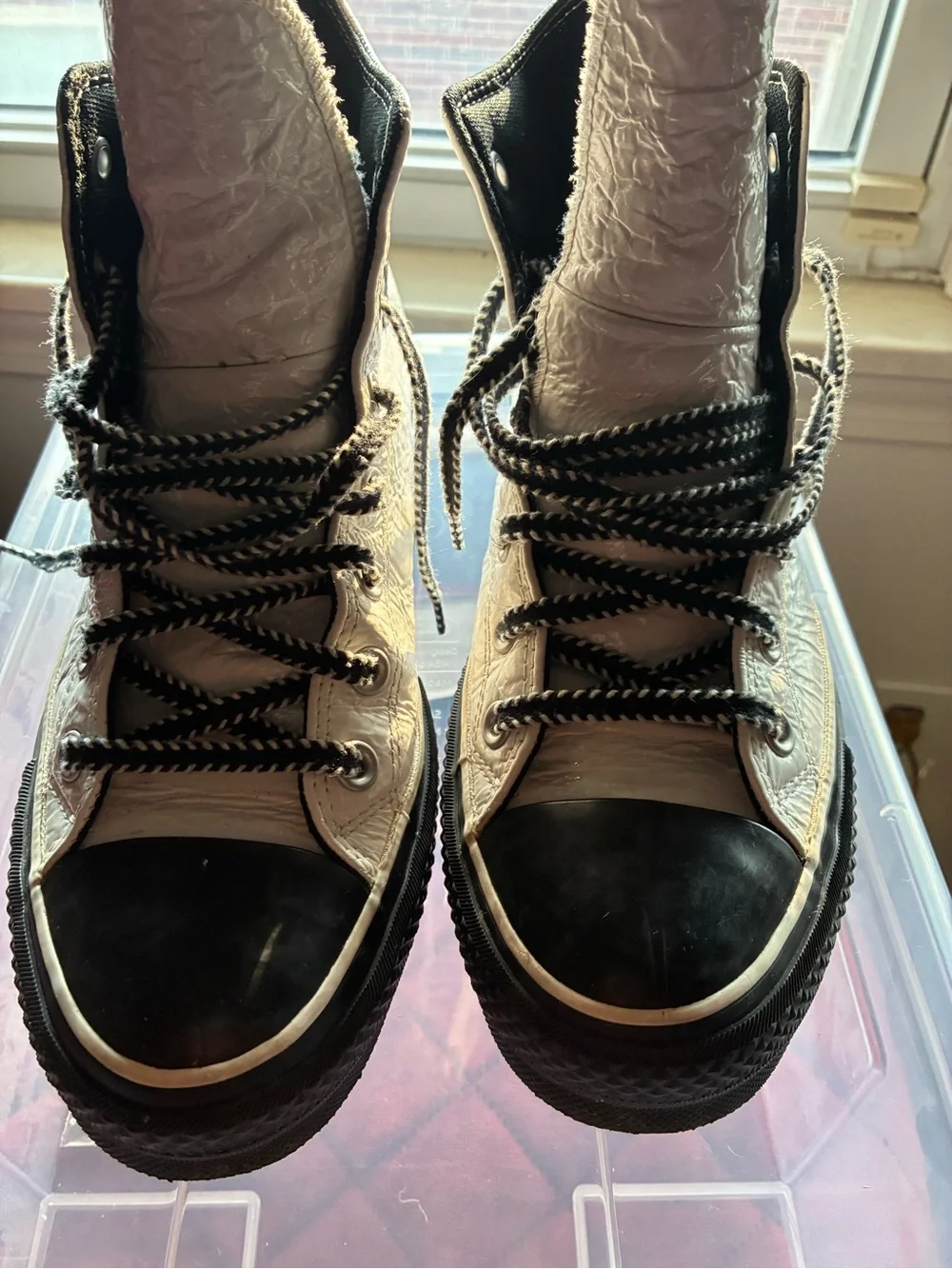 Custom Live/Life Converse Women's High-Top Sneakers with Black trim.